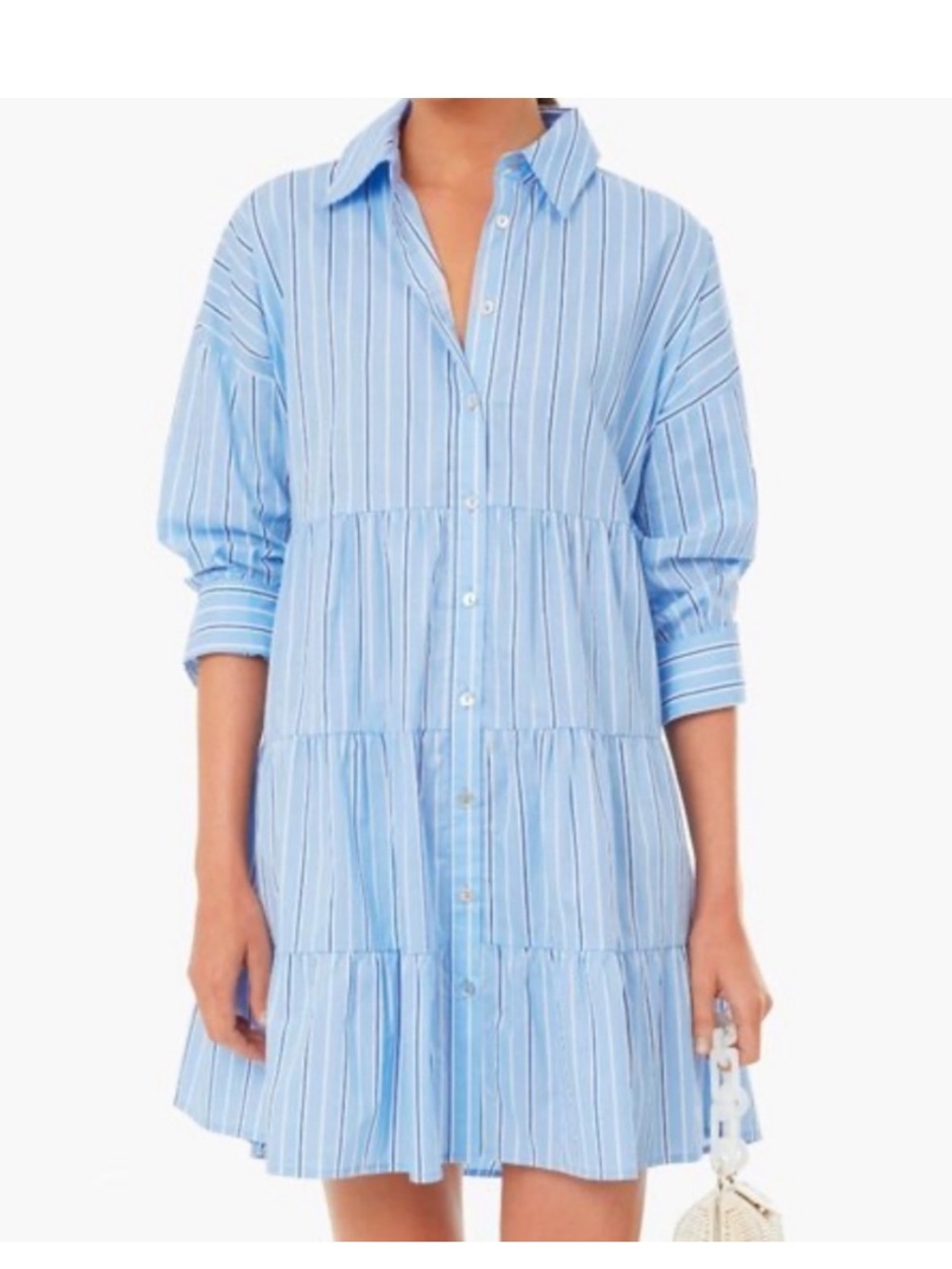 Pomander Place Cara Tiered Light Blue Striped Shirt Dress Cotton Size XS